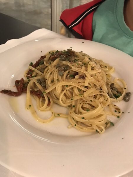 hotel mea lipari restaurant chimera Linguine in Vulcano style with capers, Sardines, Tomato, Toasted pine nuts and toasted crumb